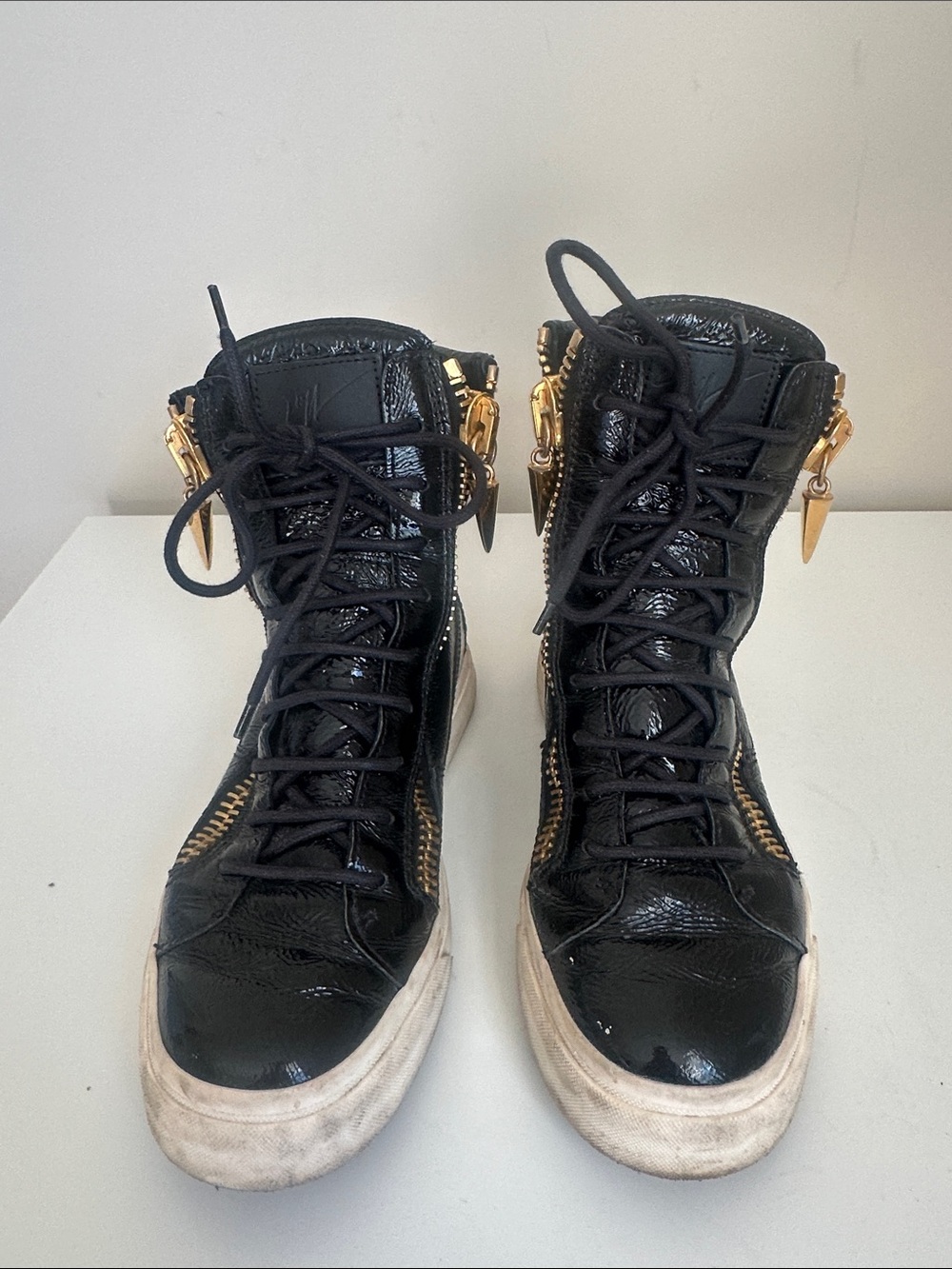 Giuseppe Zanotti Black Patent High-Top Sneakers with Gold Hardware
